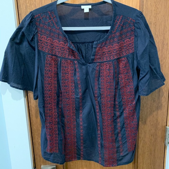 hinge Tops - Hinge Peasant Top Size Medium Blue Red Embroidery